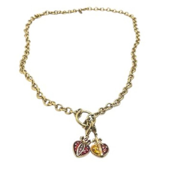 VINTAGE ERWIN PEARL HEART CHARM NECKLACE GOLD TONE ENAMEL RED YELLOW DOUBLE LINK - Picture 5 of 15